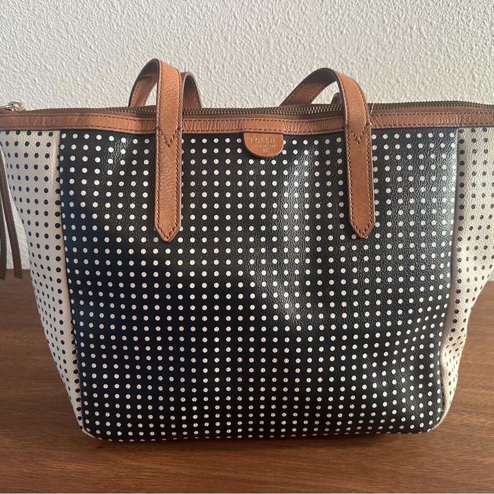 Fossil Black & White Dot-Print Tote with Brown Leather Trim